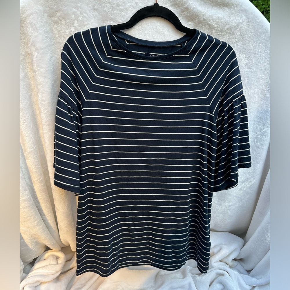 NWT- Chaps- Navy/white horizontal stripe flutter sleeve scoop neck top- small‎